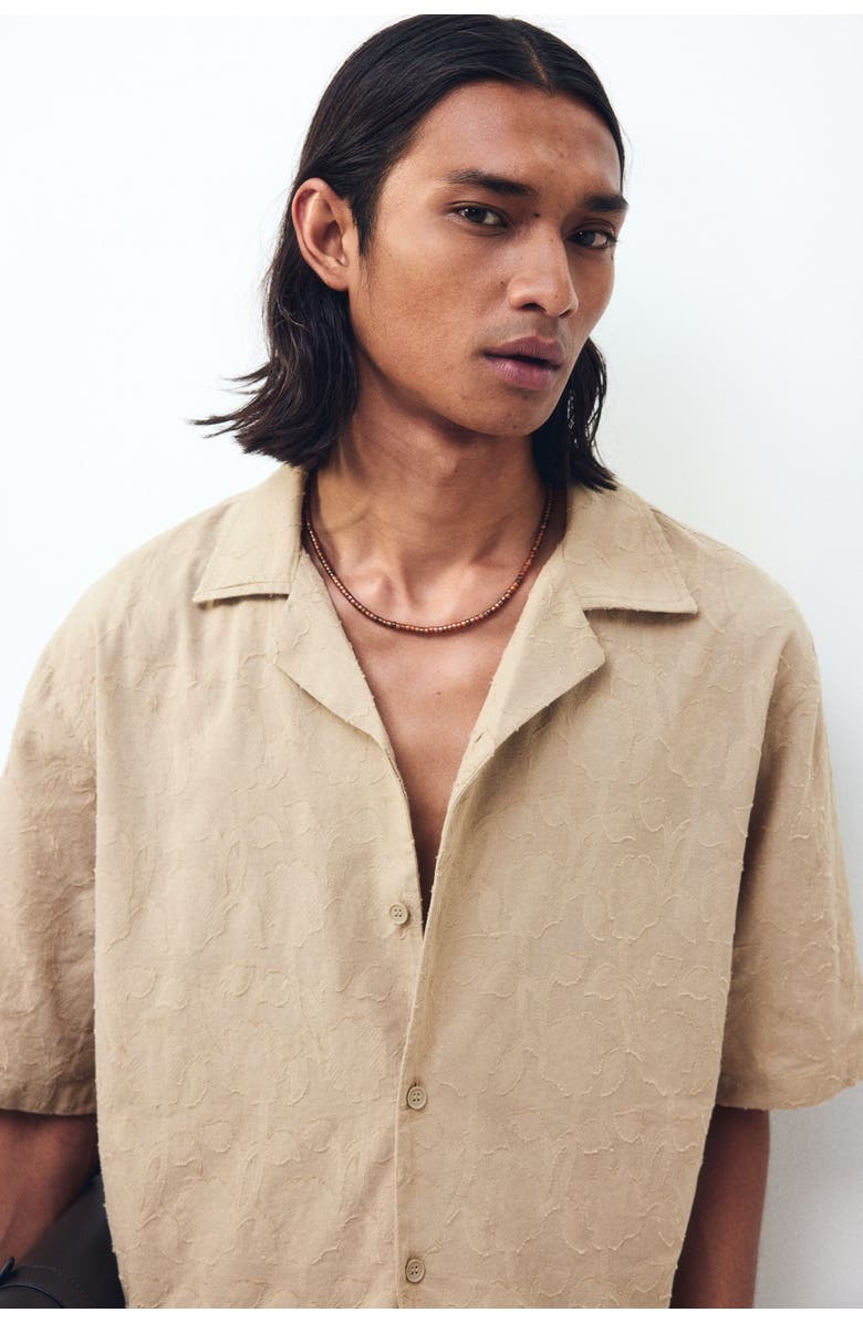 H&M Relaxed Fit Textured Resort Shirt, Alternate, color, Dark Beige