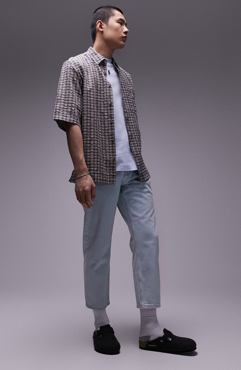 Topman Oversize Plaid Short Sleeve Seersucker Button-Up Shirt, Alternate, color, 