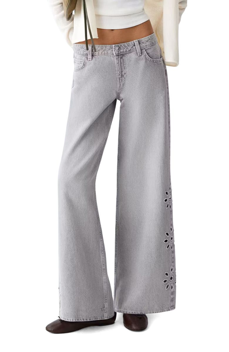 MANGO TEEN Floral Embroidered Straight Leg Jeans, Main, color, Denim Grey