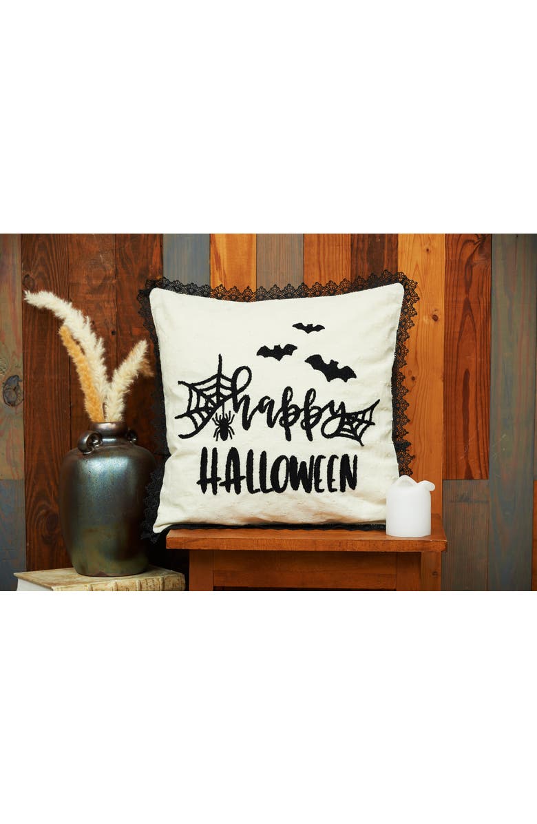 C&F Home Happy Halloween Embroidered Bats and Spiderweb Throw Pillow, 18" x 18", Alternate, color, Beige