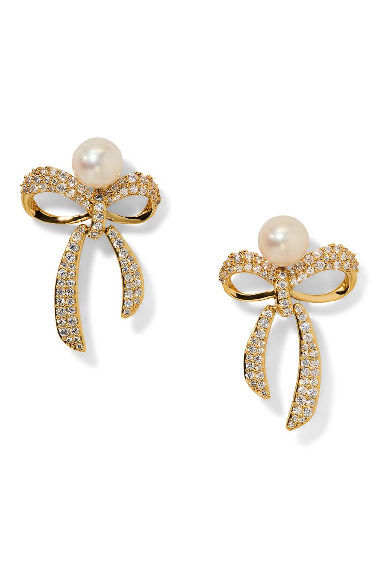Eros Small Bow Faux Pearl Stud Earrings, Main, color, GOLD