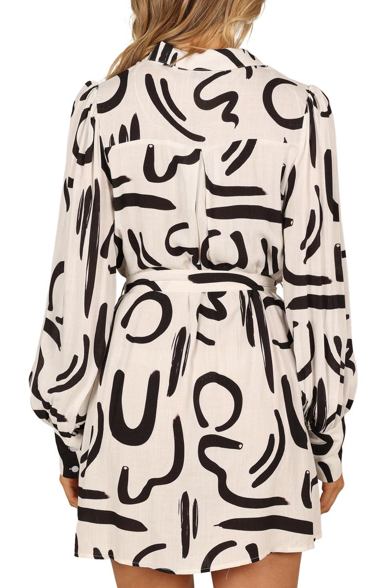 Petal & Pup Cosmo Belted Long Sleeve Linen Blend Mini Shirtdress, Alternate, color, White/ Black