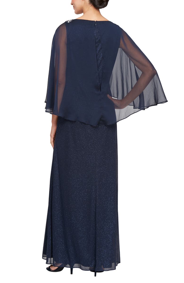 SL FASHIONS Cape Overlay Glitter Mesh Gown, Alternate, color, Navy