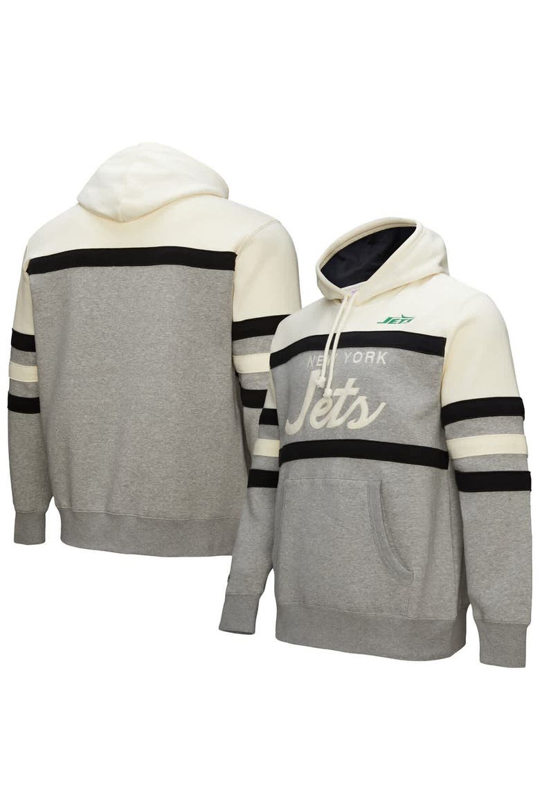 Men's Mitchell & Ness  Heather Gray New York Jets Head Coach Vintage Logo Pullover Hoodie, Main, color, Heather Gray