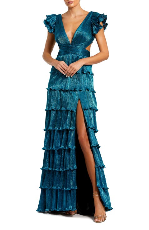 Mac Duggal Gold Ruffle Tiered Criss Cross Lace Up Gown