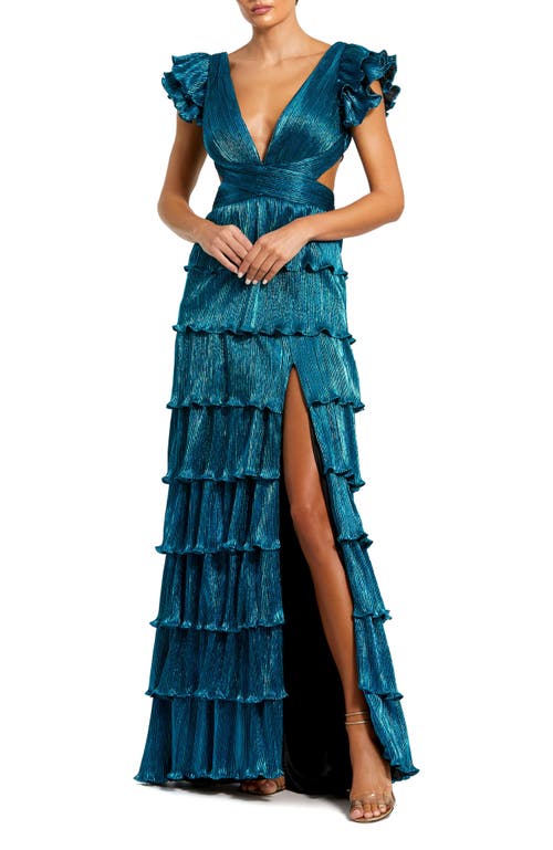 Mac Duggal Ruffle Tiered Criss Cross Lace Up Gown In Blue