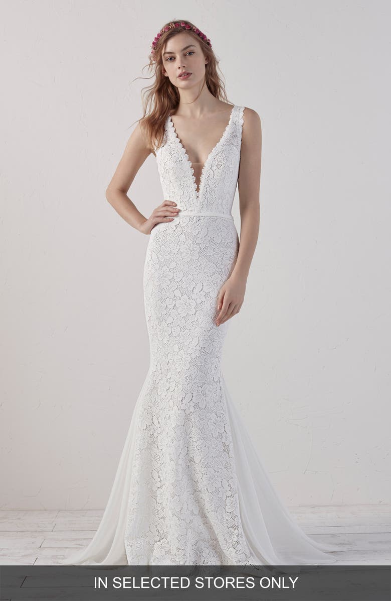 Pronovias Eladia Lace Mermaid Wedding Dress, Main, color,