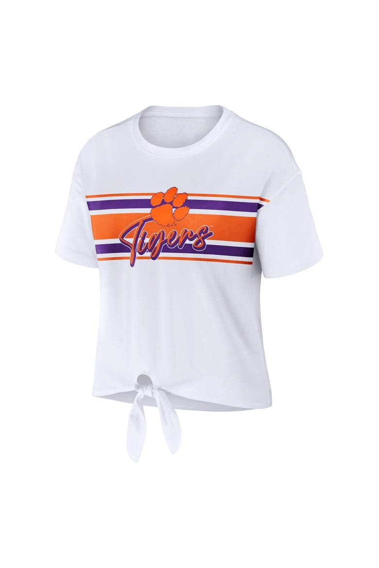 Women's WEAR by Erin Andrews White Clemson Tigers Striped Front Knot Cropped T-Shirt, Alternate, color, White