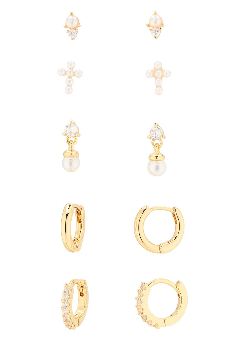 Set of 5 Cubic Zirconia & Cultured Pearl Stud, Drop & Huggie Hoop Earrings, Alternate, color, CLEAR- GOLD