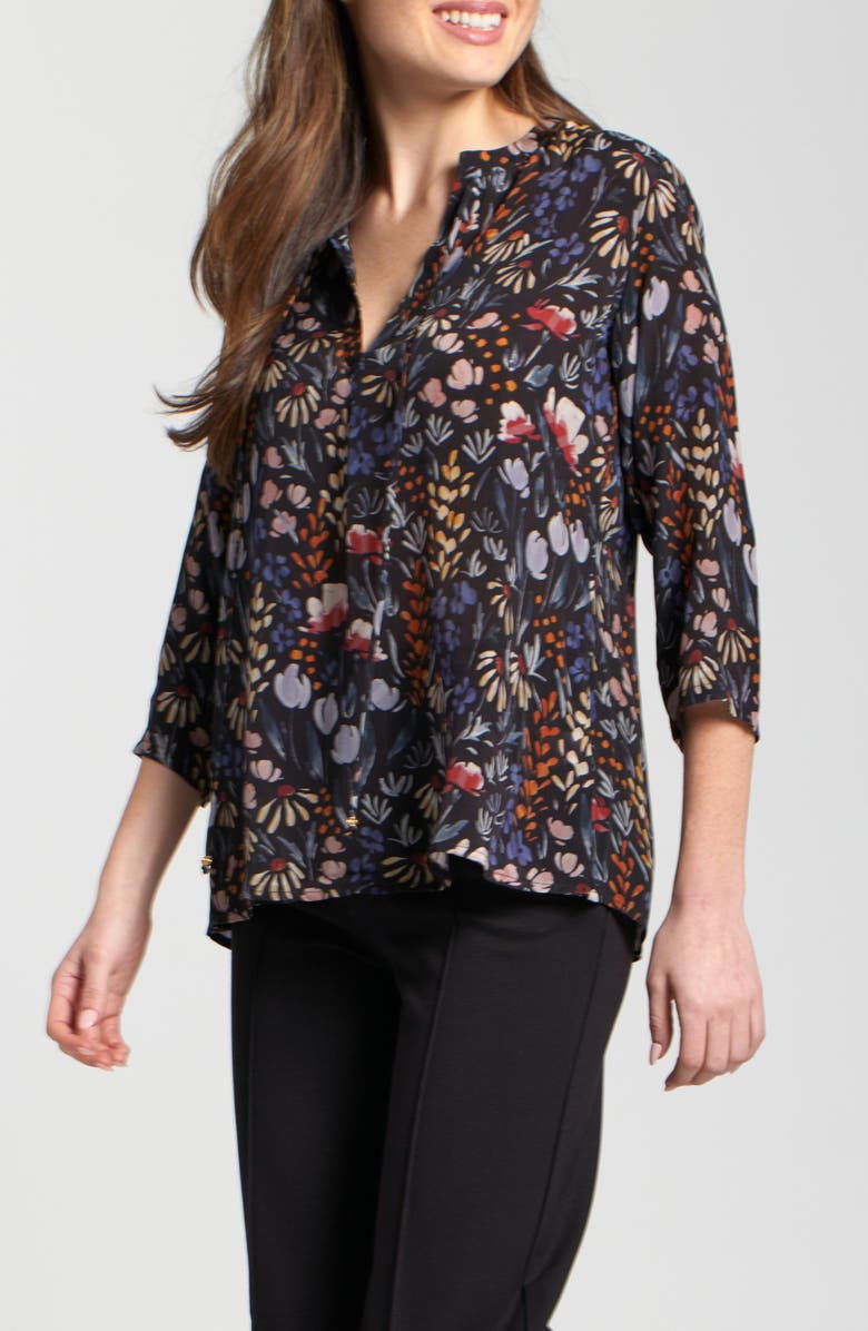 APNY Print Tassel Split Neck Chiffon Top, Alternate, color, Black Abstract Floral Multi