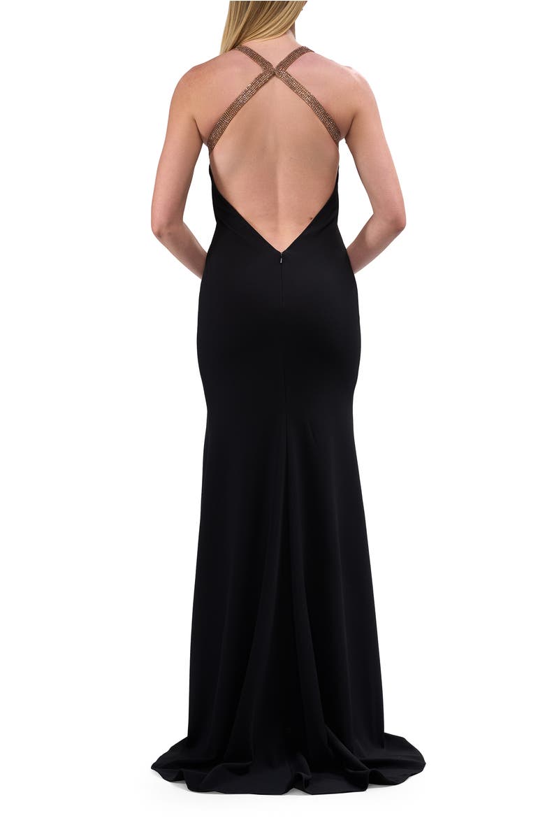 Evening Dress with Gold Beaded High Neckline, Alternate, color, Black