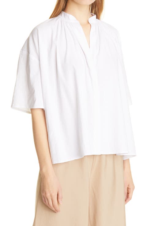 Shirred Band Collar Linen Blend Blouse