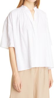 Vince Shirred Band Collar Linen Blend Blouse