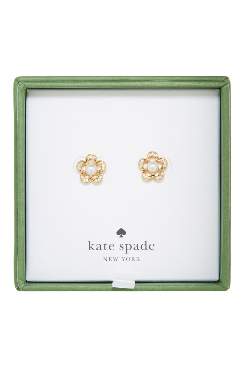 faux pearl & cz flower stud earrings, Main, color, CREAM/ GOLD.