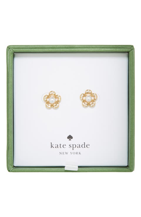 faux pearl & cz flower stud earrings