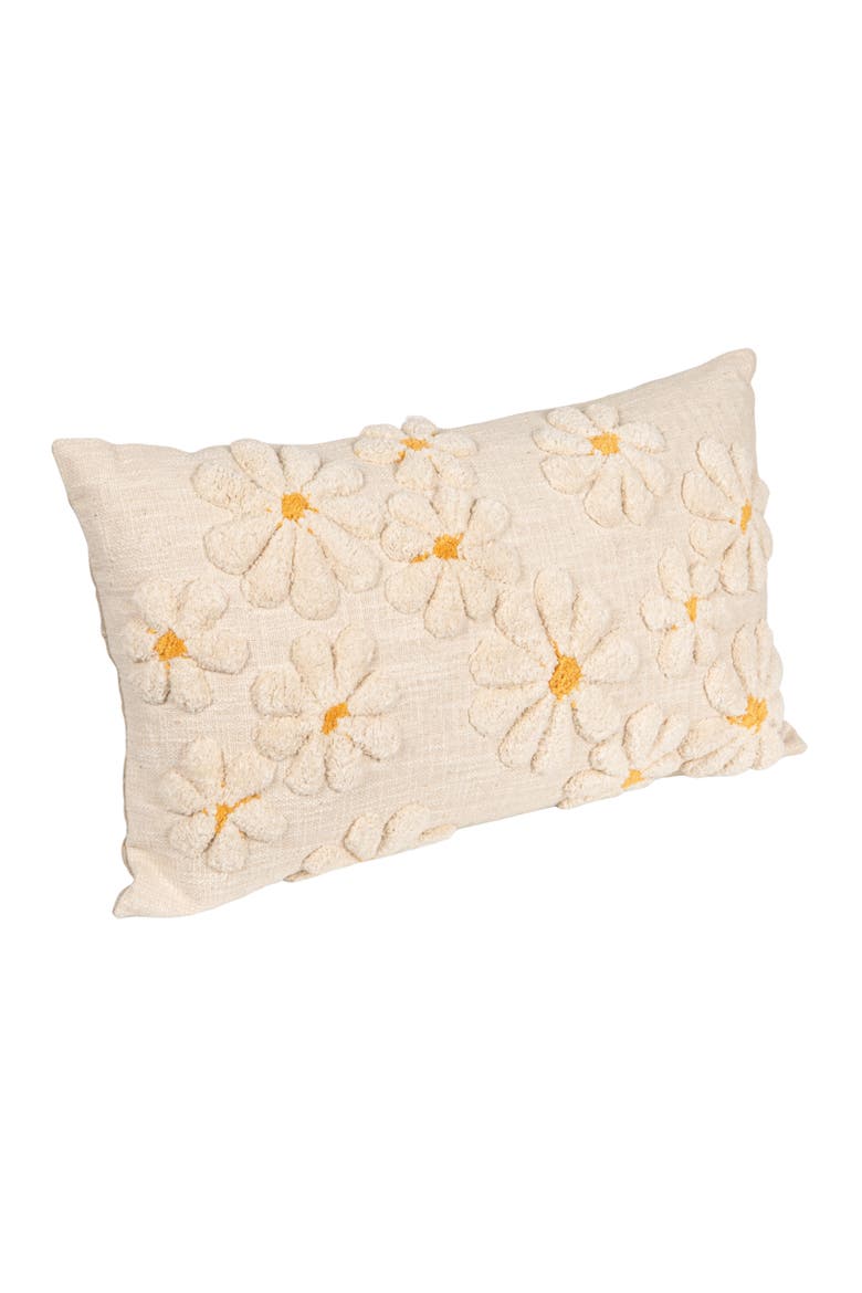 Cotton Slub Lumbar Pillow with Tufted Flowers, Natural and Yellow, Alternate, color, Natural