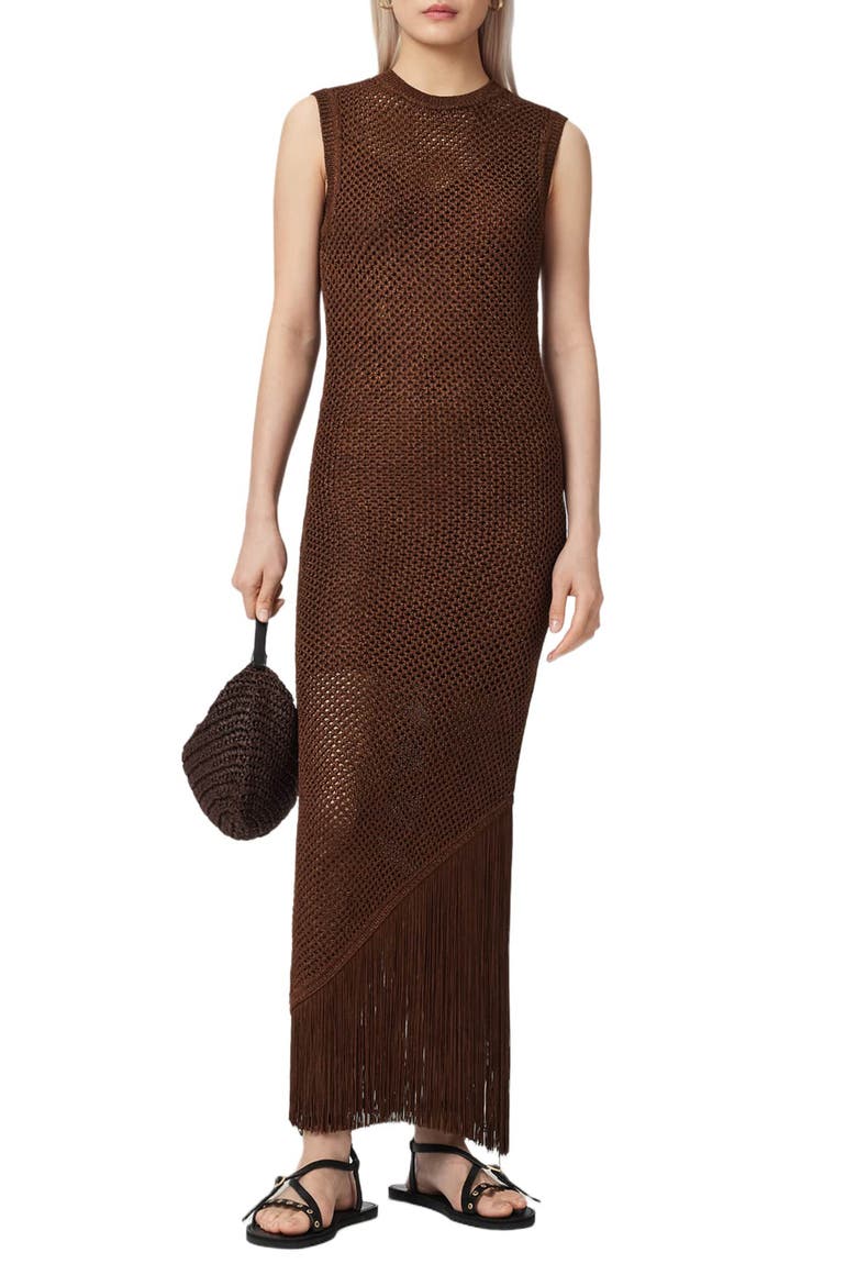 Jessie Sleeveless Fringe Trim Dress, Alternate, color, BURNT BROWN