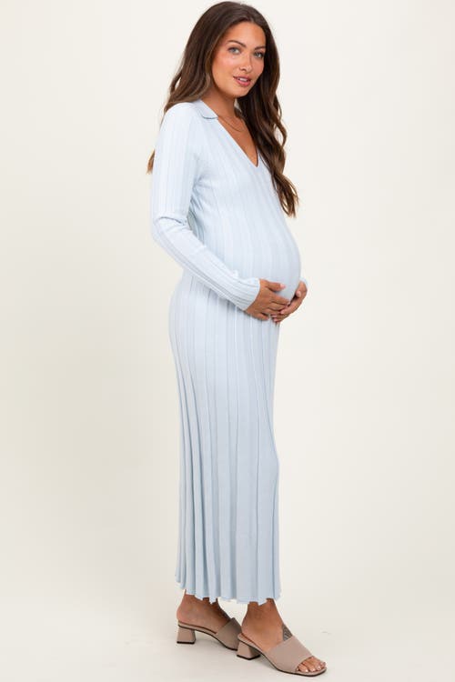 Pinkblush Wide Ribbed Knit Collared Midi Dress In Blue