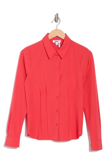 Dkny Long Sleeve Stretch Woven Button-up Shirt In Red