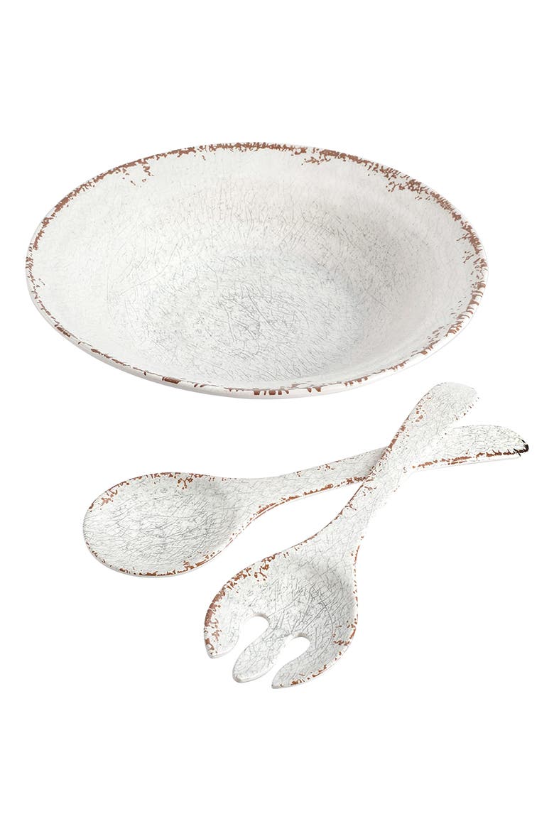 Mauna 3 Piece Melamine Serving Bowl Set in White with Serving Utensils, Alternate, color, White