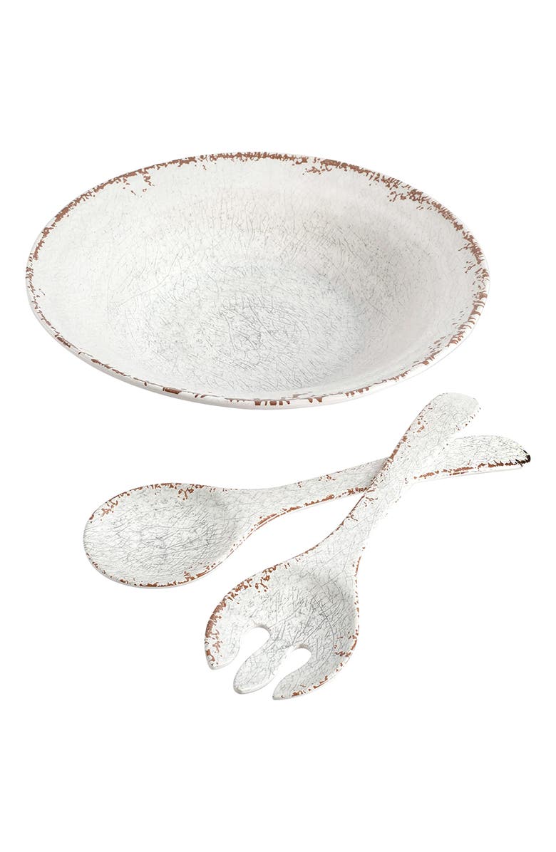 Laurie Gates Mauna 3 Piece Melamine Serving Bowl Set in White with Serving Utensils, Alternate, color, White