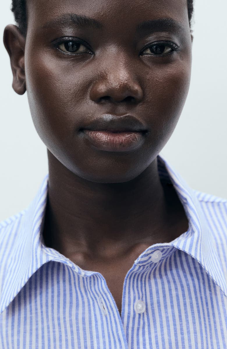 MANGO Stripe Pocket Crop High-Low Cotton & Linen Shirt, Alternate, color, Blue