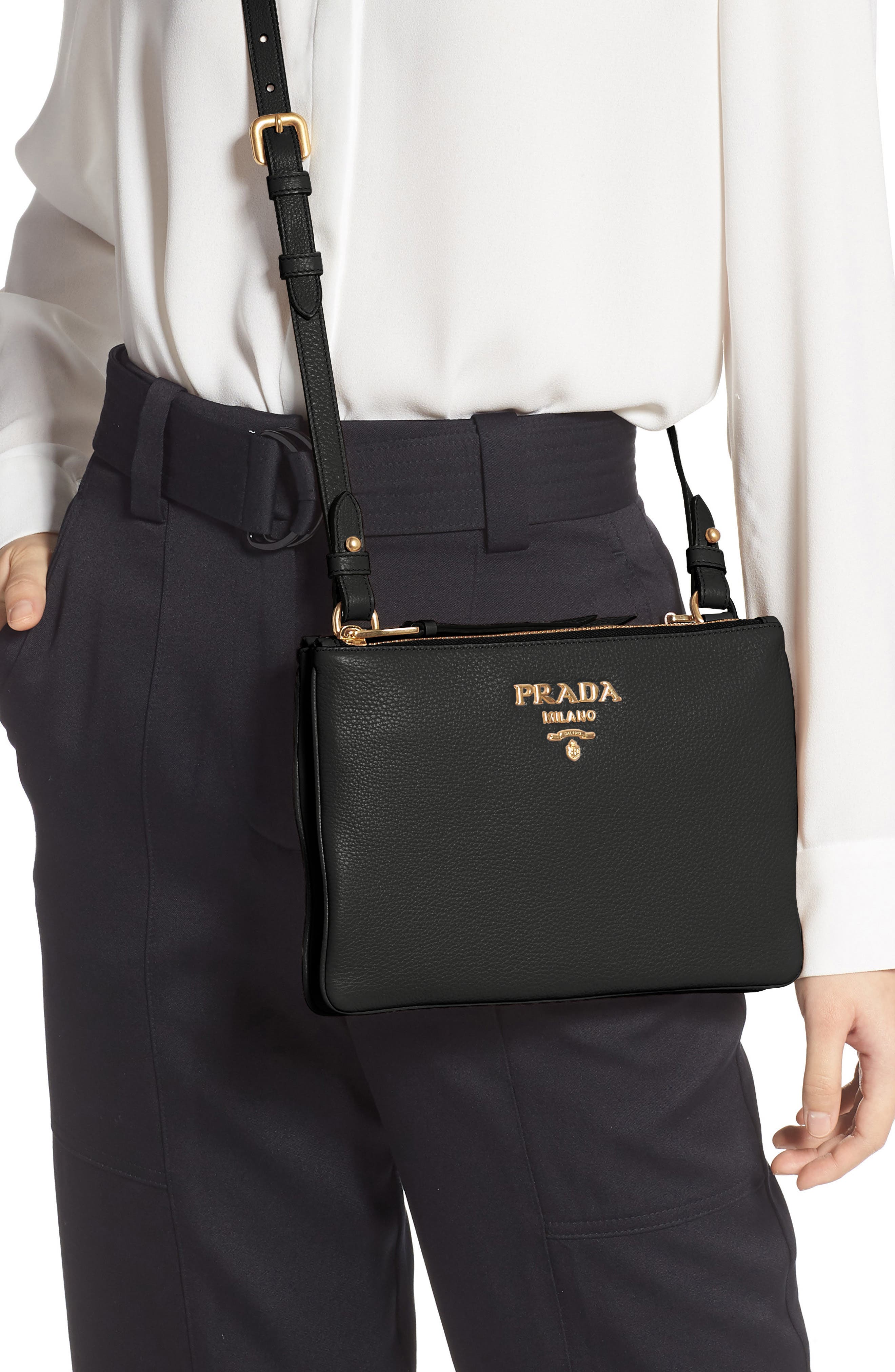 Prada Daino Double Compartment Leather Crossbody Bag, Alternate, color, 