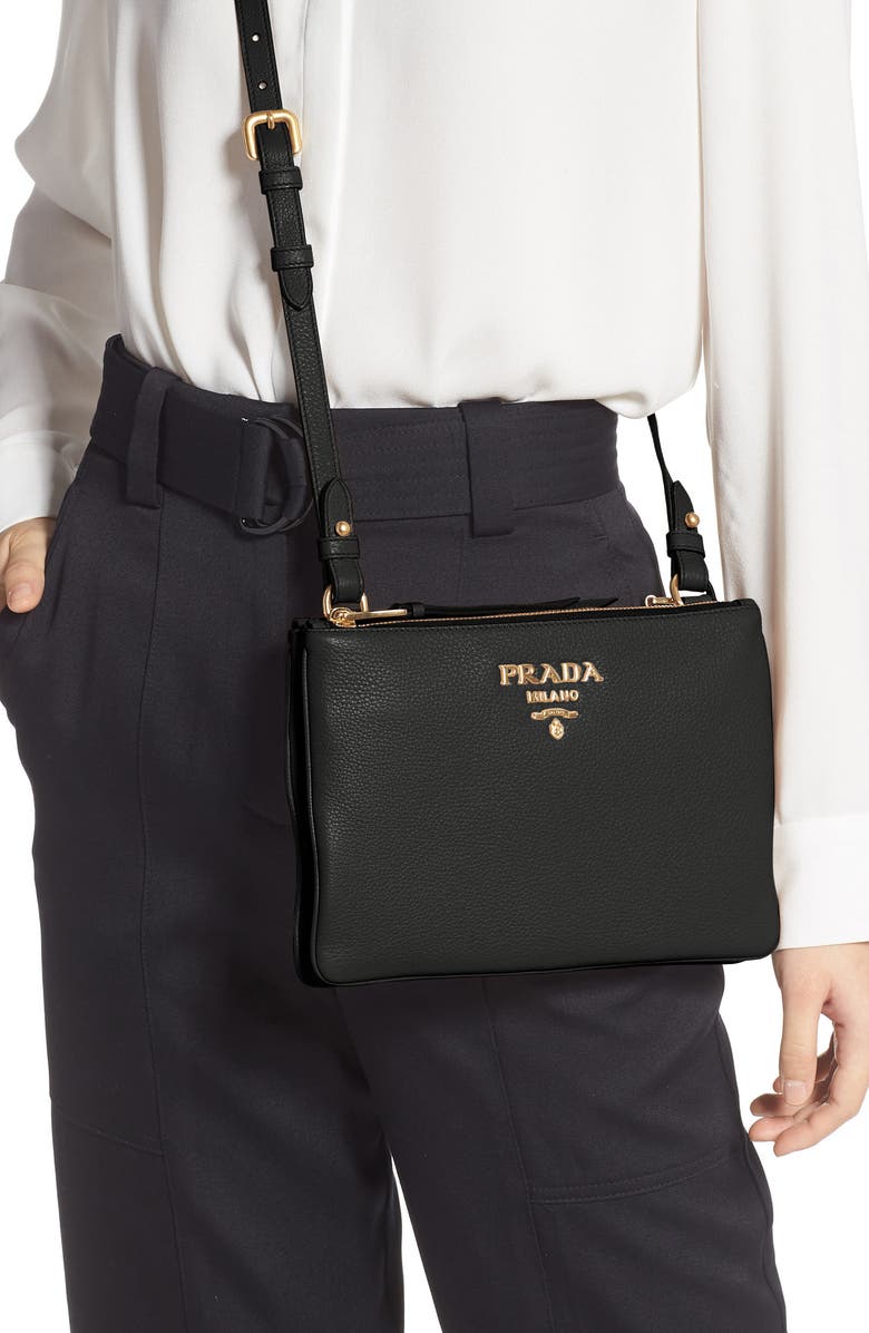 Prada Daino Double Compartment Leather Crossbody Bag, Alternate, color,