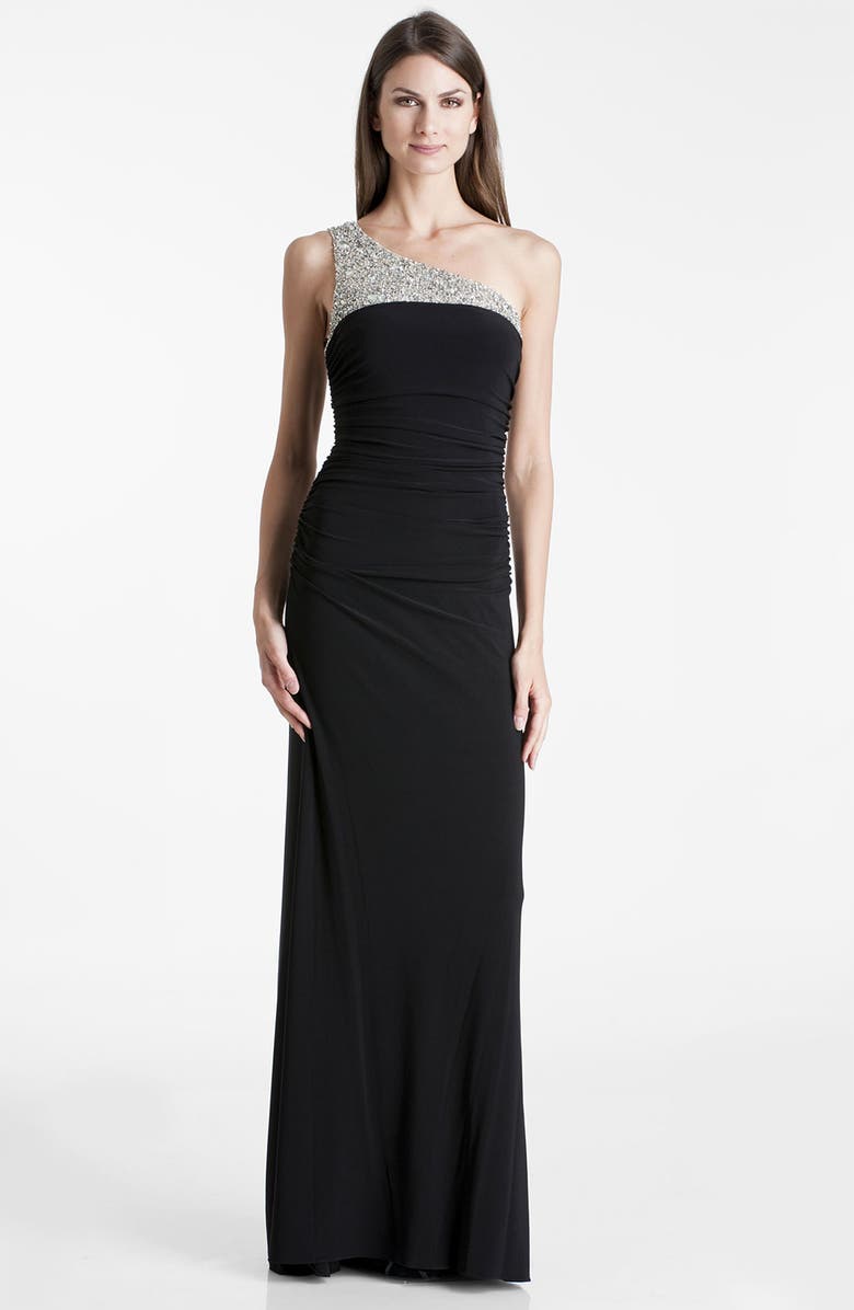 JS Boutique Beaded One Shoulder Jersey Gown, Main, color, 