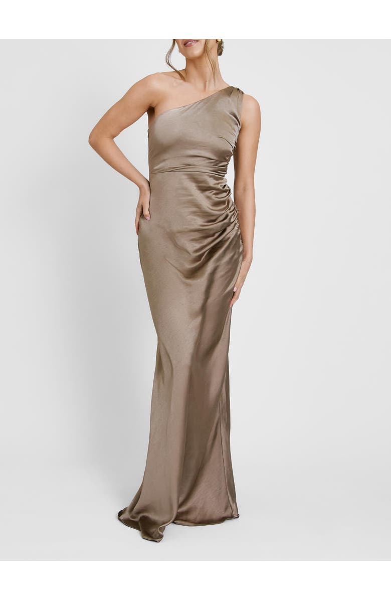 Six Stories One Shoulder Gathered Bridesmaid Dress, Alternate, color, Truffle