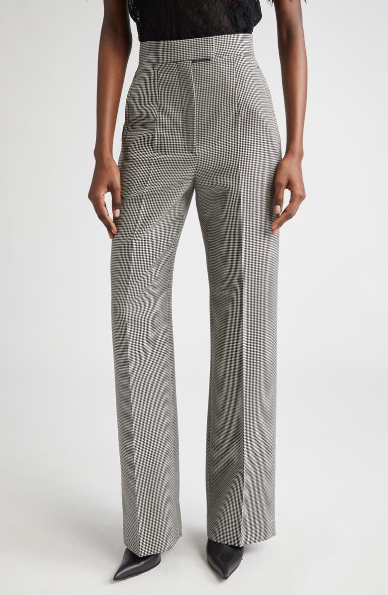 McQueen Micro Houndstooth Pleated Wool & Mohair Straight Leg Trousers, Main, color, Black/ Ivory