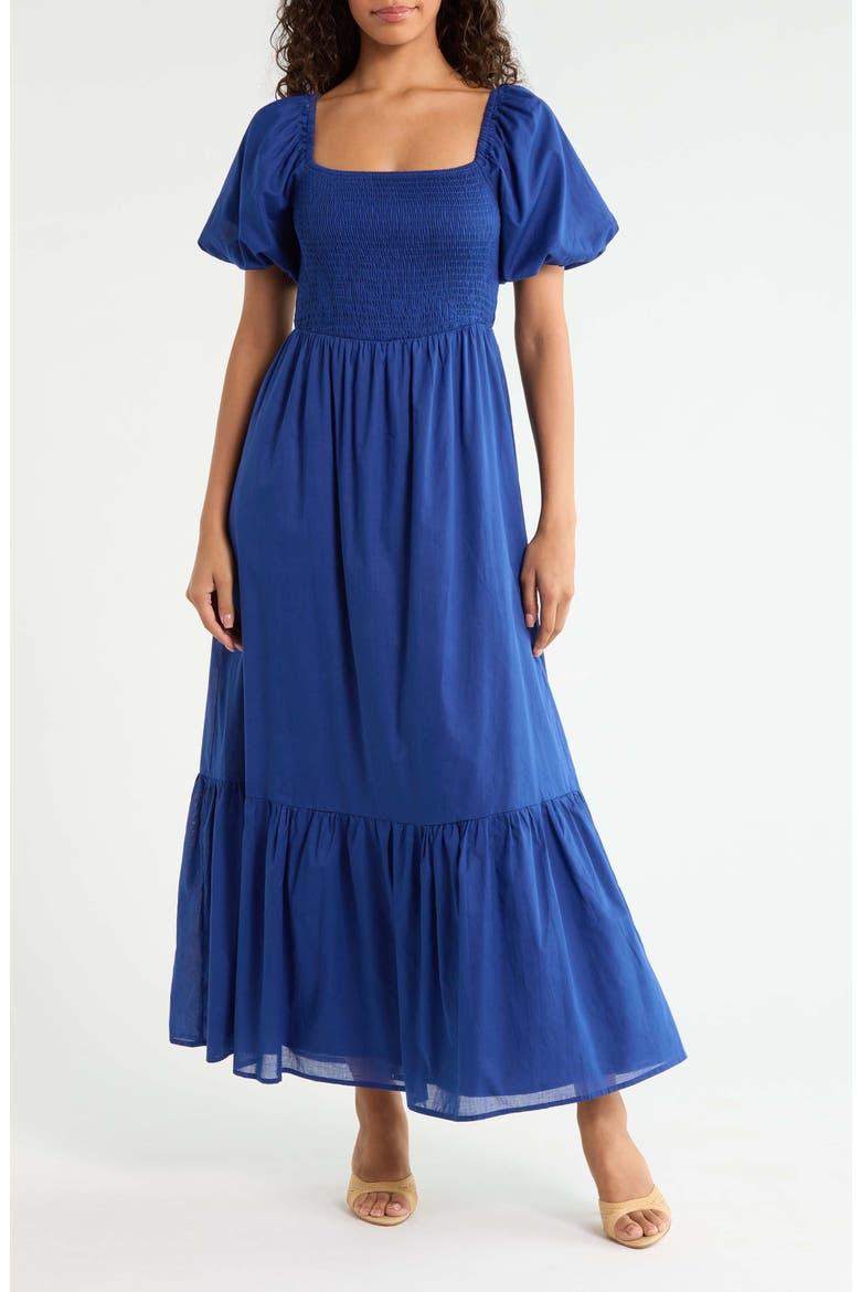Bluebell Smocked Puff Sleeve Maxi Dress, Main, color, NAVY