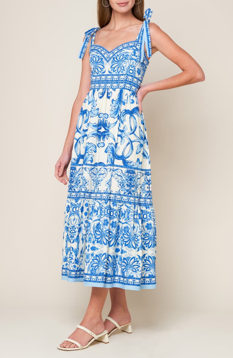 FLYING TOMATO Sweetheart Neck Bow Tie Strap Maxi Dress, Alternate, color, Blue / Combo