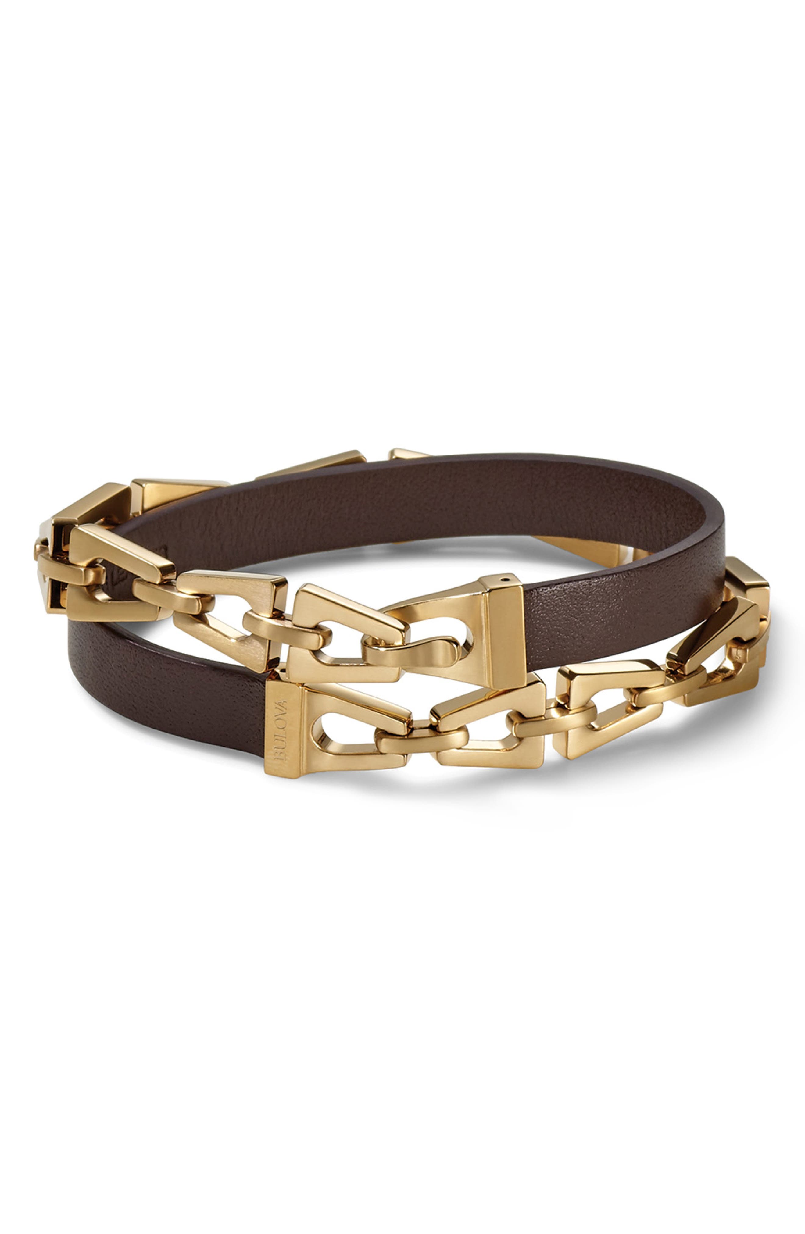 BULOVA Stainless Steel & Leather Wrap Bracelet
