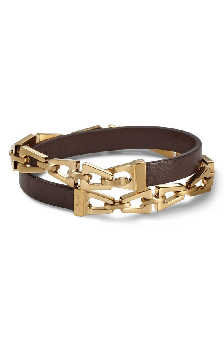 BULOVA Stainless Steel & Leather Wrap Bracelet, Main, color, 
