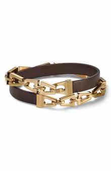BULOVA Stainless Steel & Leather Wrap Bracelet