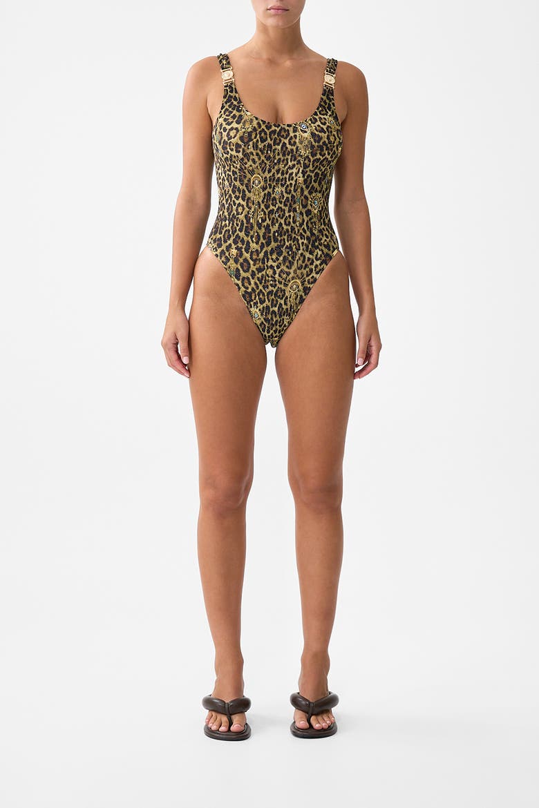 Crinkle Stretch Scoop Neck One Piece With Strap Trims, Main, color, Feline Folklore