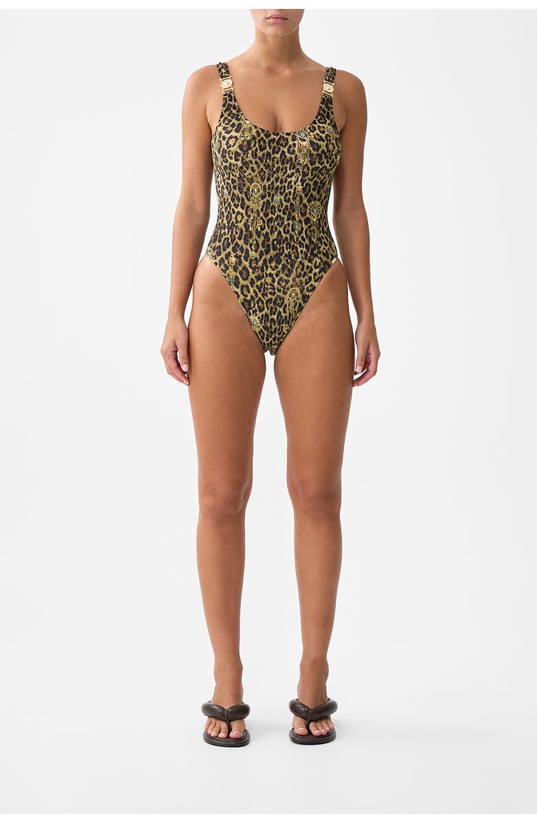 Camilla Crinkle Stretch Scoop Neck One Piece With Strap Trims, Main, color, Feline Folklore