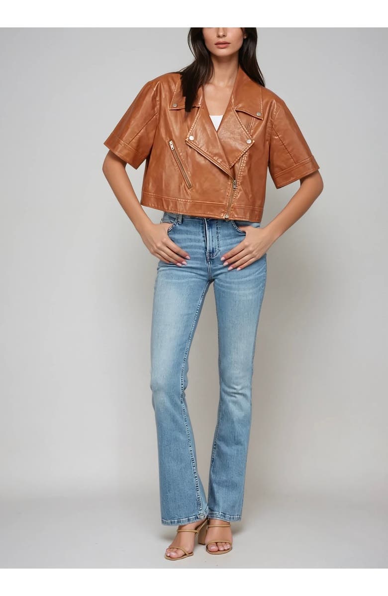 Sisterly Romy Crop Faux Leather Moto Jacket, Alternate, color, Cognac