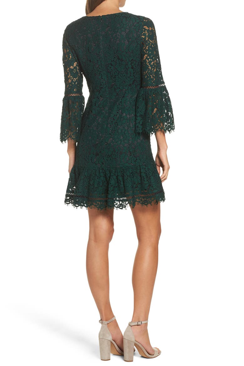 Lace Bell Sleeve Fit & Flare Minidress, Alternate, color, GREEN/ BLACK