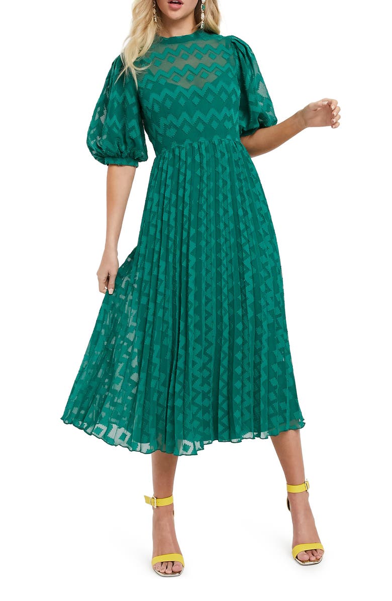 ASOS DESIGN Chevron Puff Sleeve Dobby Chiffon Dress, Main, color, 