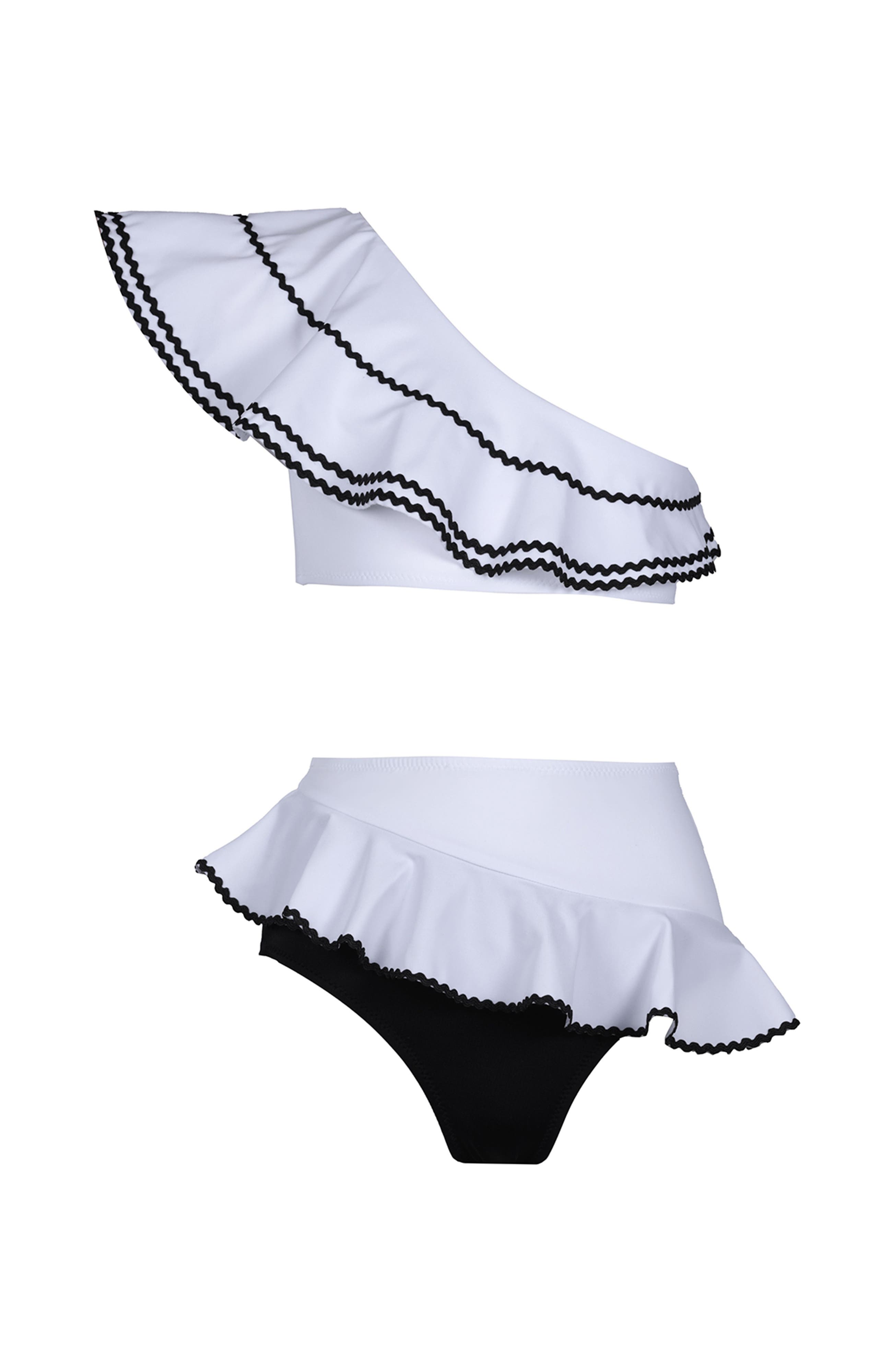 NESSI BYRD Kids' Asymmetrical One-Shoulder Ruffled Two Piece Bikini in White 