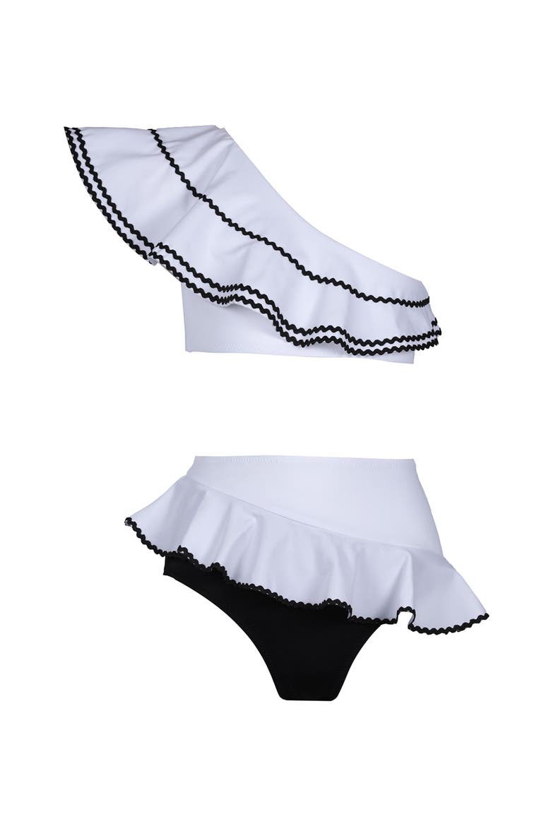 Kids' Asymmetrical One-Shoulder Ruffled Two Piece Bikini, Main, color, White