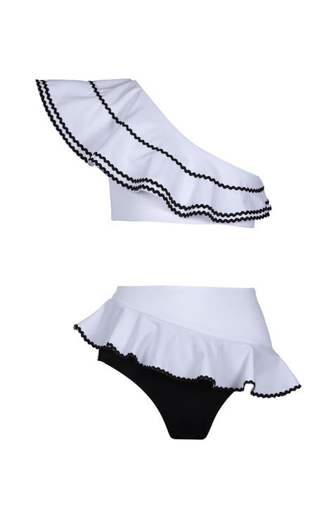 Kids' Asymmetrical One-Shoulder Ruffled Two Piece Bikini