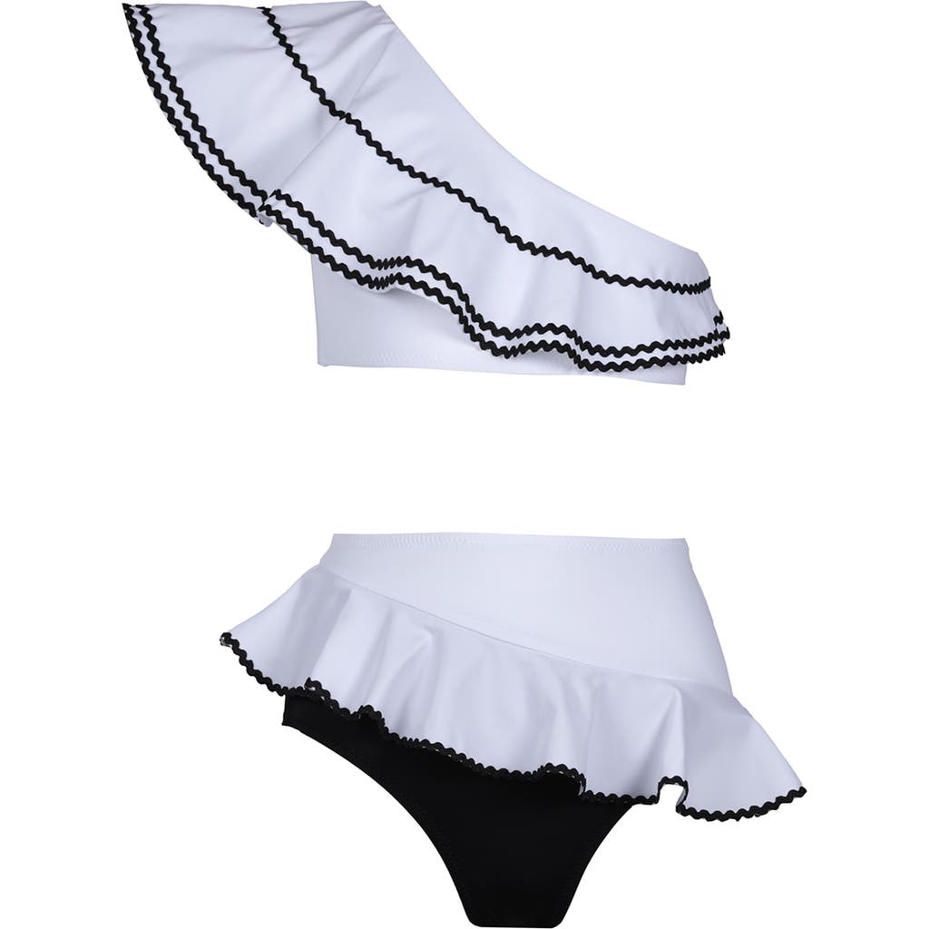 Nessi Byrd Kids' Asymmetrical One-shoulder Ruffled Two Piece Bikini In White