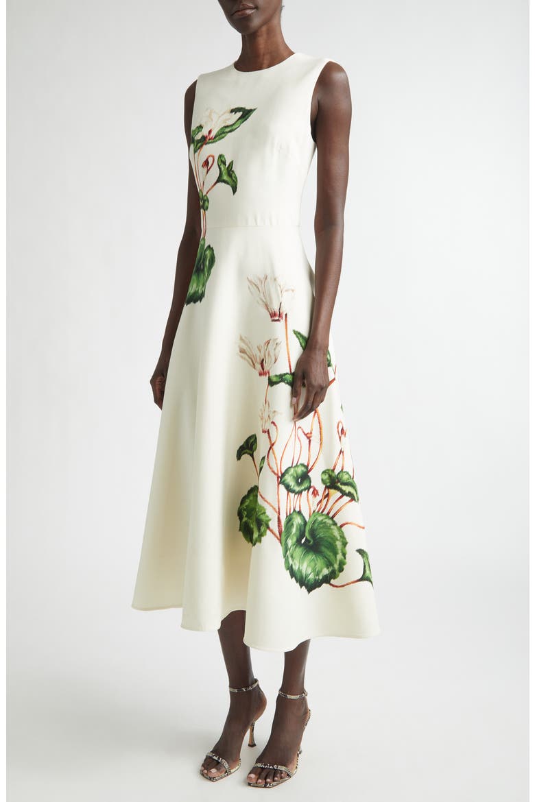 Chiné Cyclamen Virgin Wool Blend Stretch Crepe Fit & Flare Midi Dress, Alternate, color, WHITE/ IVORY