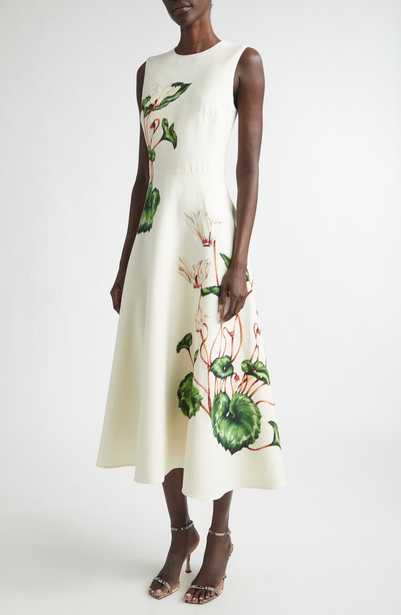 Oscar de la Renta Chiné Cyclamen Virgin Wool Blend Stretch Crepe Fit & Flare Midi Dress, Alternate, color, White/ Ivory