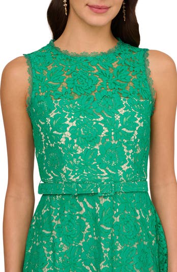 Belted Sleeveless Lace Midi Dress