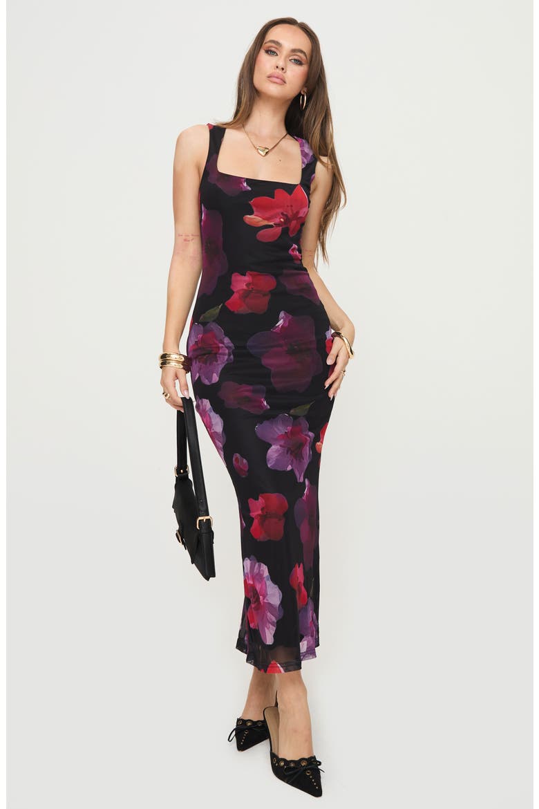 Eviana Floral Mesh Maxi Dress, Alternate, color, BLACK