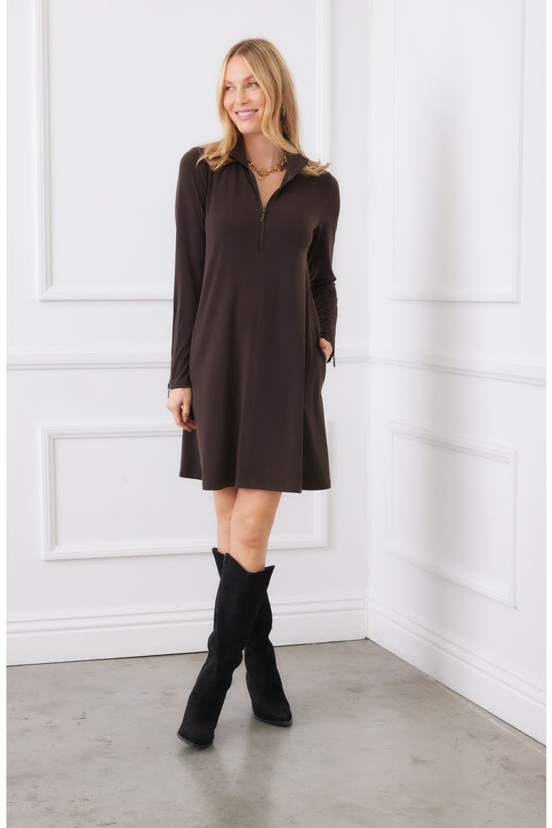 Half Zip Long Sleeve Travel Jersey Dress, Alternate, color, BROWN